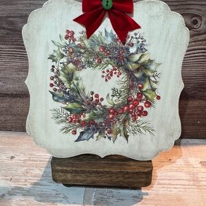 Festive Holiday Wreath Shelf Sitter with Red Bow - Handcrafted